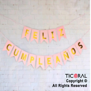 BANDERIN FELIZ CUMPLEAOS PARTY ROSA PASTEL CON STAMPING x 1